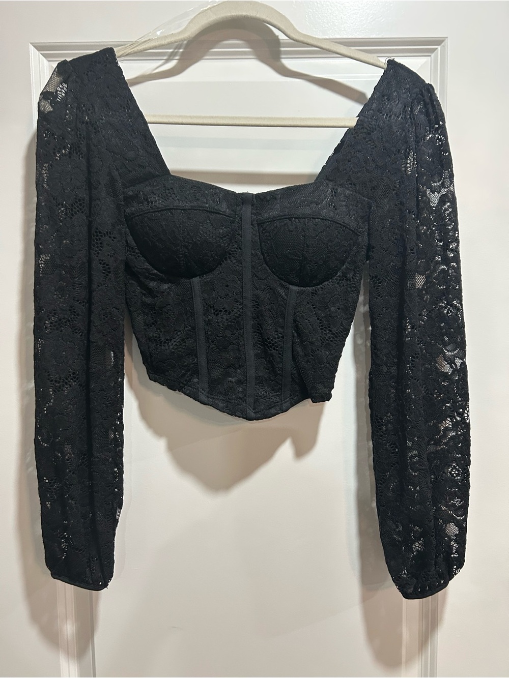 Black Lace Long-Sleeve Corset Crop Top